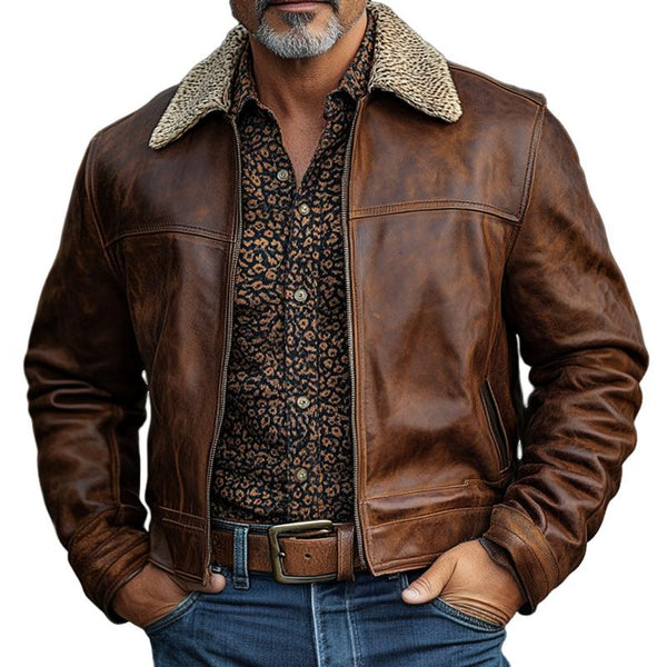 Men's Vintage Leather Fleece Lapel Zipper Jacket 82939275Z