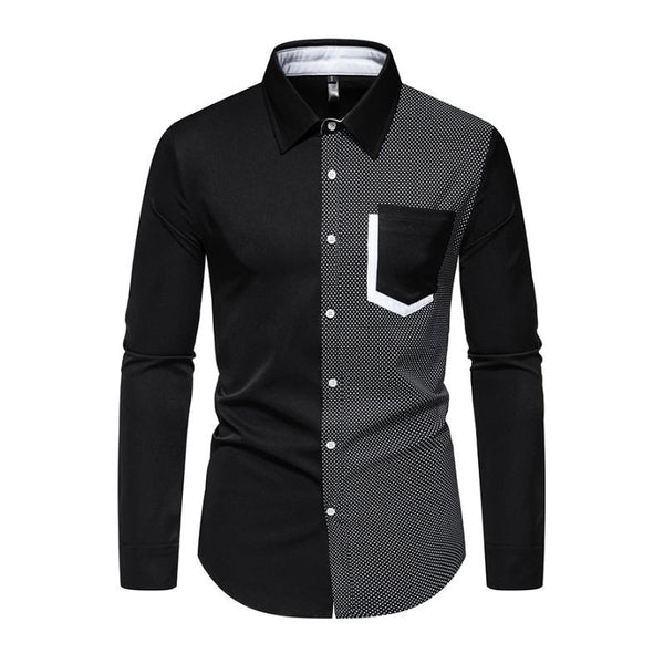 Men's Casual Contrast Patchwork Lapel Slim Long Sleeve Shirt 45721172M