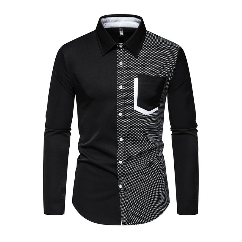 Men's Casual Contrast Patchwork Lapel Slim Long Sleeve Shirt 45721172M