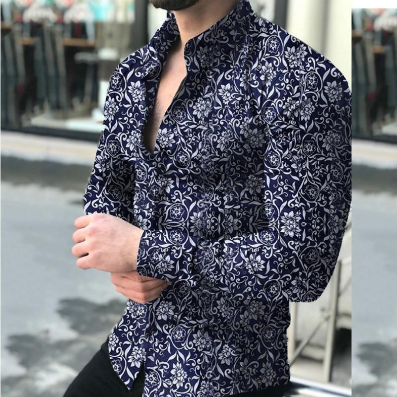 Men's Classic Casual Slim Fit Lapel Printed Long Sleeve Shirt 95077158K