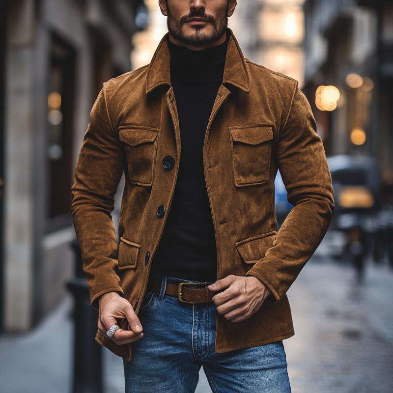 Lockere Jacke aus Wildleder mit Vintage-Revers und mehreren Taschen für Herren 91055496M