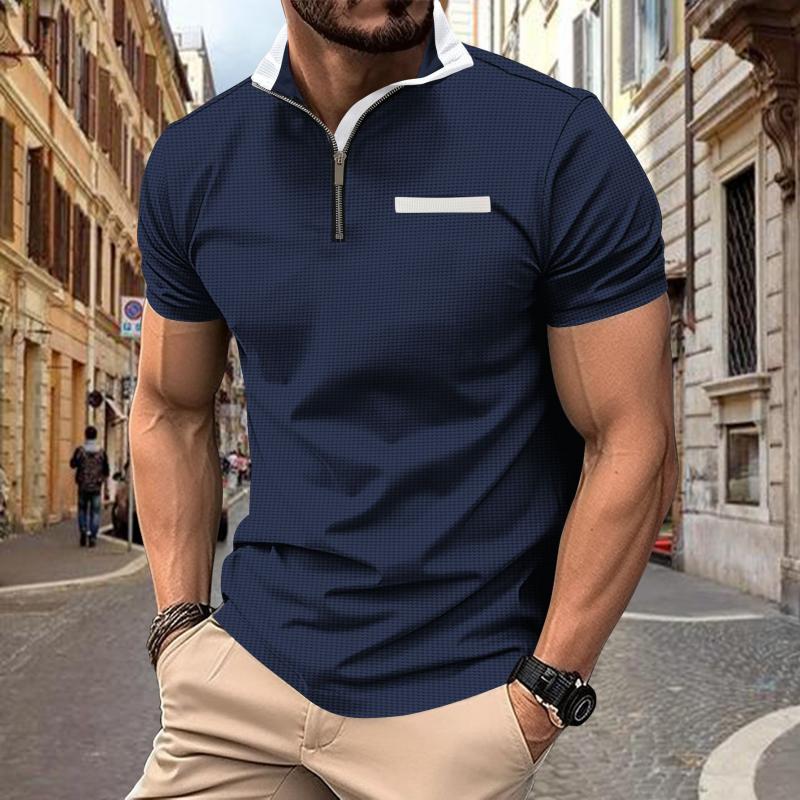 Men's Colorblock Waffle Stand Collar Short-Sleeved Polo Shirt 20197702Y