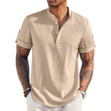 Men's Vintage Cotton and Linen Henley Collar Short Sleeve Shirt 12085943Y