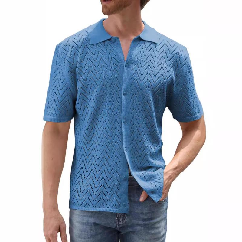 Men's Casual Solid Color Hollow Lapel Short-Sleeved Knitted Cardigan 77477035M