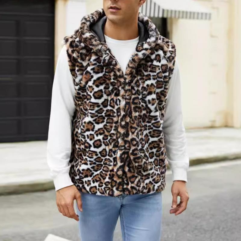 Men's Casual Faux Fur Hooded Leopard Vest 22259889Y