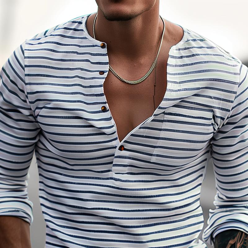 Men's Striped Henley Collar Long Sleeve Casual T-shirt 00046965Z