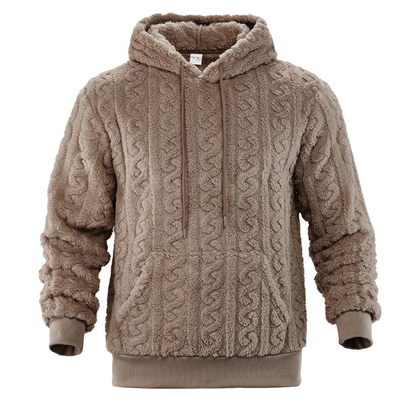 Men's Casual Solid Color Braided Plush Warm Hooded Sweatshirt 48857635Y