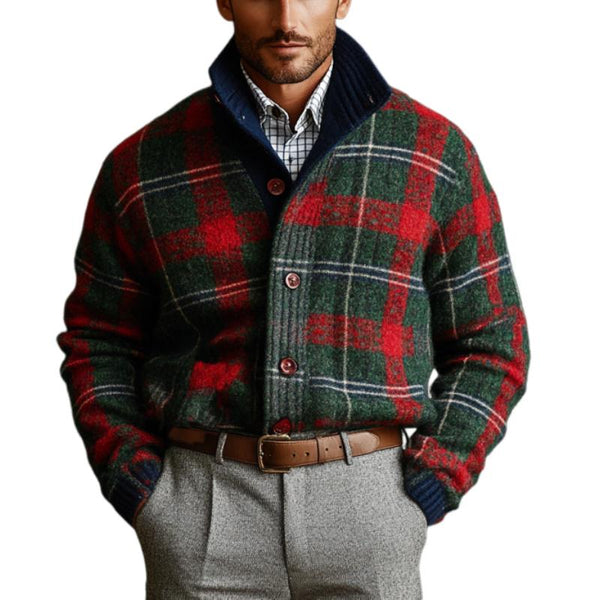 Men's Vintage Christmas Colorful Check Stand Collar Single Breasted Knit Cardigan 41423847Y