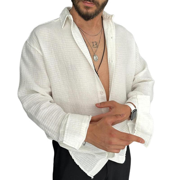 Men's Solid Loose Lapel Long Sleeve Casual Shirt 32001541Z