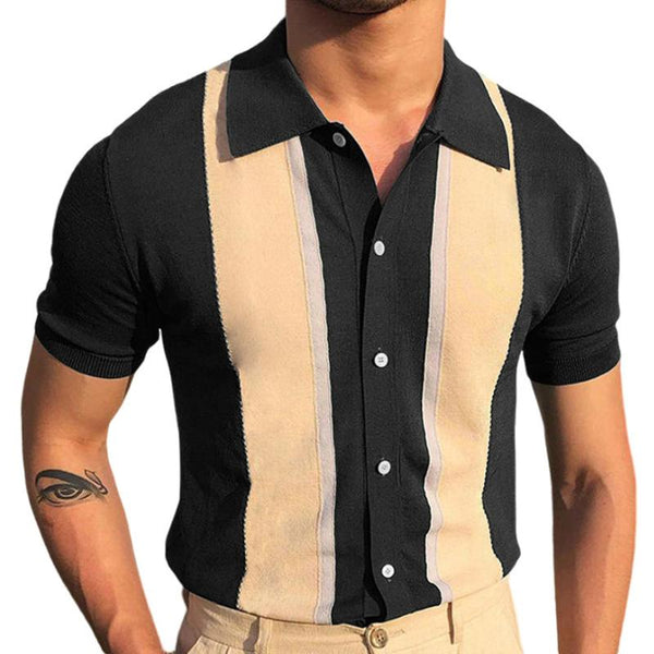 Men's Knitted Colorblock Striped Lapel Short Sleeve Single Breasted Polo Shirt 74925811Z