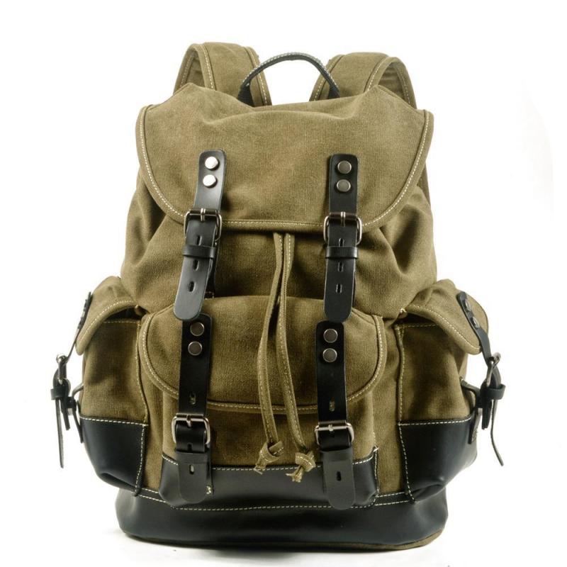 Mochila de lona vintage para hombre con múltiples bolsillos y costuras de cuero para exteriores 19083234Y