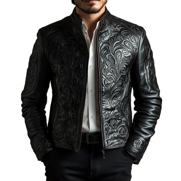 Men's Vintage Black Embossed Leather Jacket 88940224U