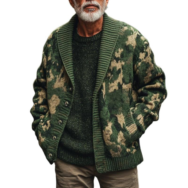 Men's Vintage Camouflage Jacquard Lapel Single Breasted Knit Cardigan 85953498Y