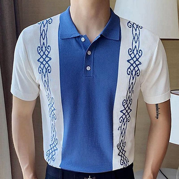 Men's Casual Contrast Color Jacquard Breathable Knitted Short-Sleeve Polo Shirt 97267050M