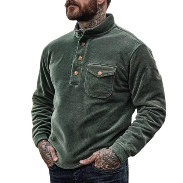 Men's Vintage Corduroy Henley Stand Collar Flap Pocket Long Sleeve Sweatshirt 20044129M