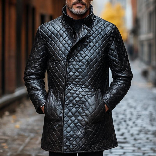 Men's Versatile Stand Collar Mid-length Quilted Leather Coat 20344456F