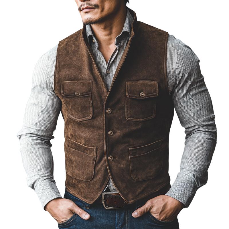 Men's Vintage Distressed Suede V-Neck Vest 78239841U