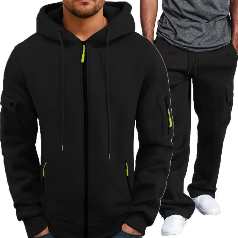 Men's Casual Multi-Pocket Hooded Jacket Sweatpants Set 48048315Y