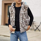 Men's Casual Faux Fur Hooded Leopard Vest 22259889Y