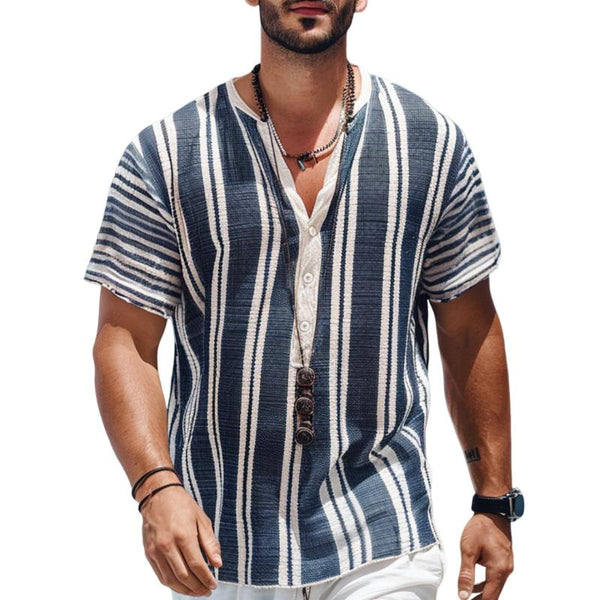 Men's Casual Stripe Print Henley Collar Loose Pullover Short Sleeve Shirt 88253401M
