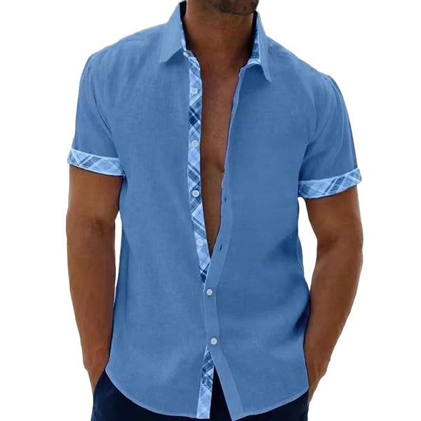 Men's Casual Plaid Stitching Lapel Short Sleeve Shirt 46222268Z