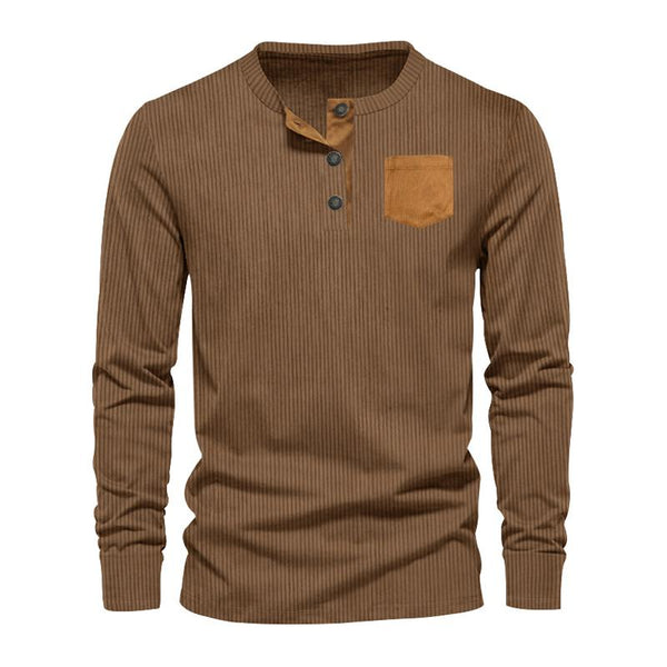 Men's Solid Color Corduroy Henley Collar Breast Pocket Long Sleeve Casual T-Shirt 15024749Z