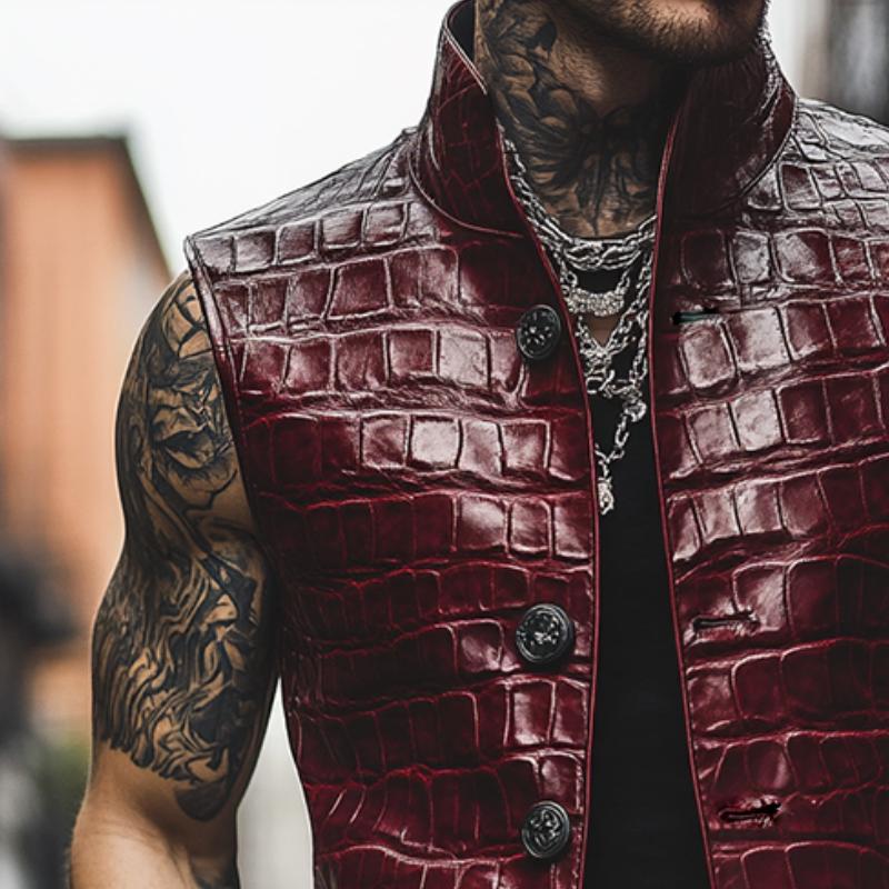 Men's Retro Casual Embossed Stand Collar Leather Vest 16866806TO