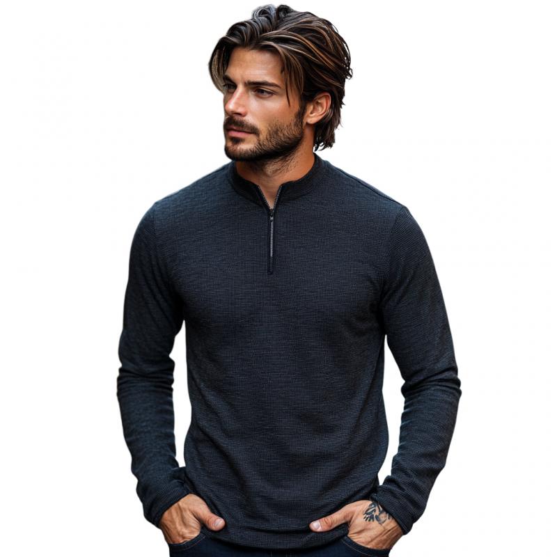 Men's Casual Waffle Stand Collar Zipper Pullover Long Sleeve T-shirt 89144085M