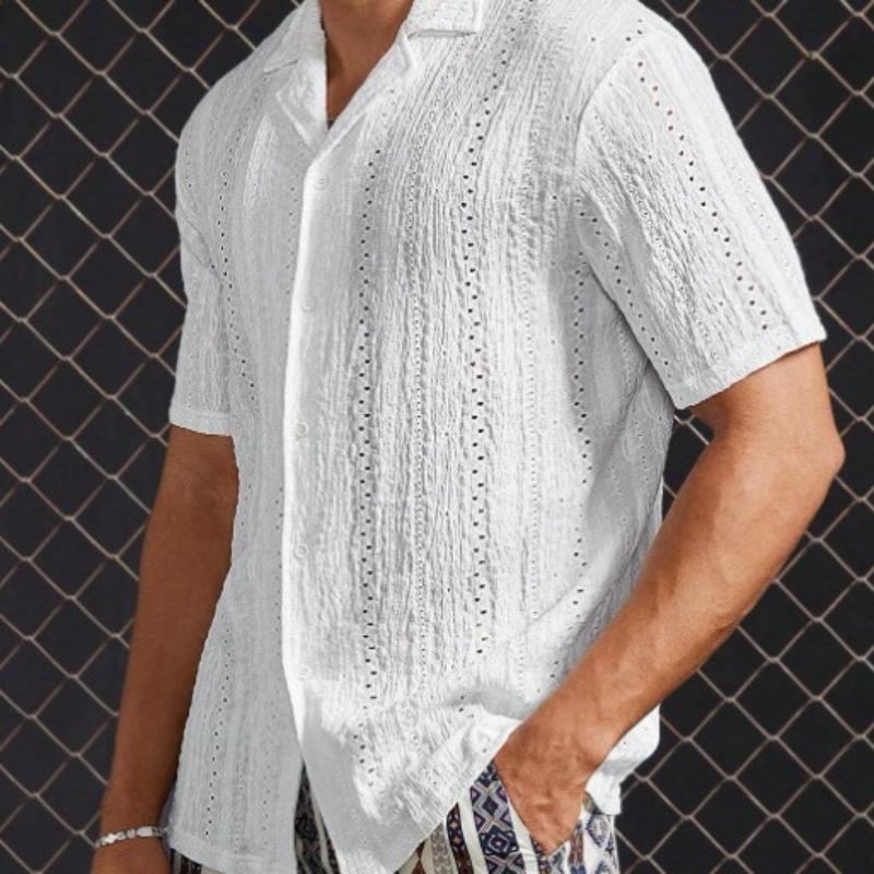 Men's Casual Solid Color Cuban Collar Hollow Short Sleeve Shirt 37089600Y