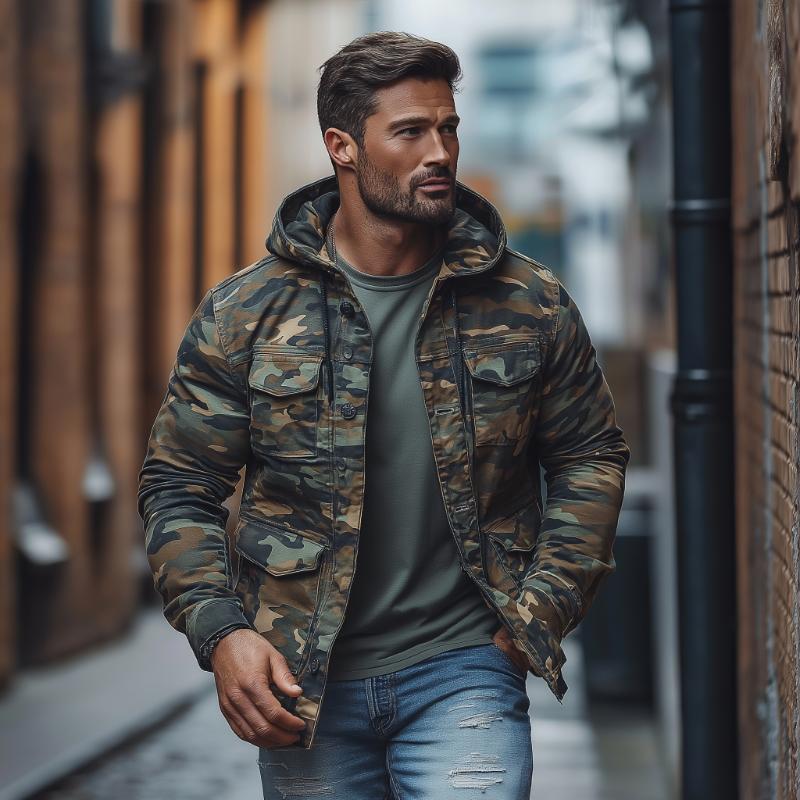 Veste décontractée à capuche et à poches multiples pour homme, style camouflage, à simple boutonnage, 42185129M