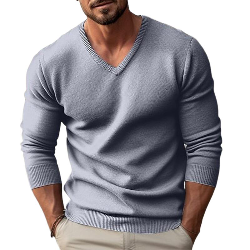 Men's solid color V-neck long-sleeved knitted pullover sweater 59954732X