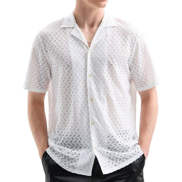 Men's Fashion Hollow Out Solid Color Lapel Short Sleeve Casual Shirt 70085181Z