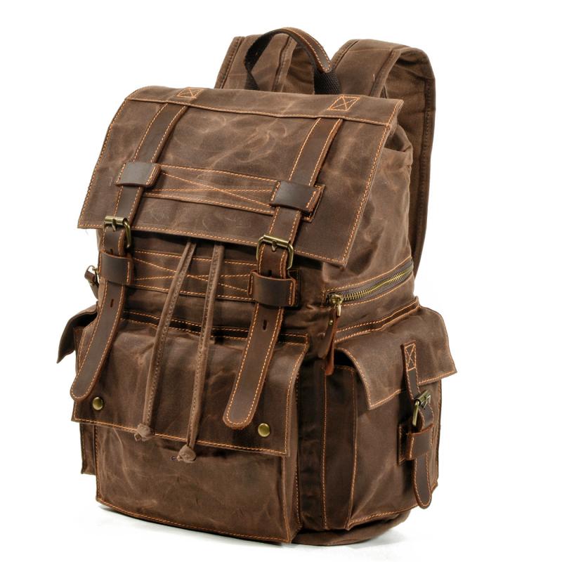 Men's Vintage Beeswax Canvas Outdoor Leather Multi-Pocket Backpack 92970713Y