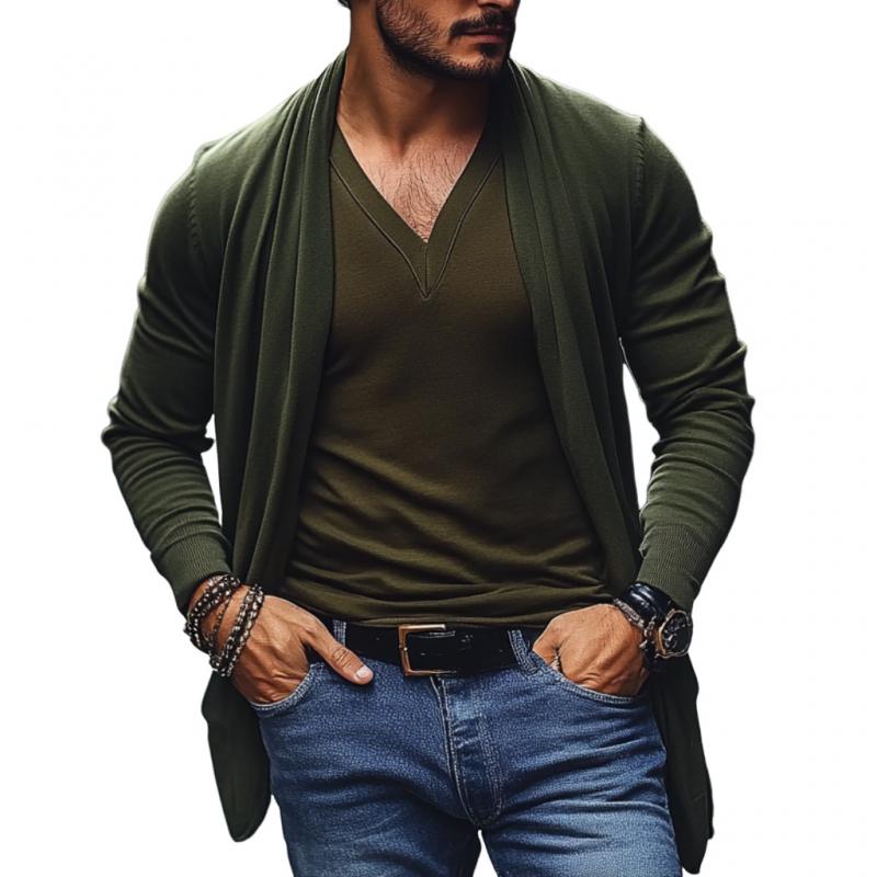 Men's Vintage Solid Color Collarless Loose Knit Cardigan 58383946M