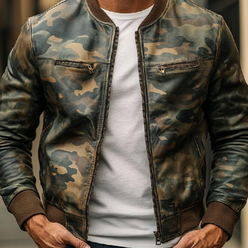 Men's Fashion Multi-Pocket Camouflage Baseball Leather Jacket 63113155F