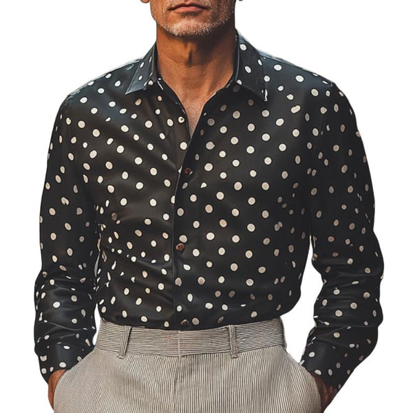 Men's Casual Leather Polka Dot Lapel Long Sleeve Shirt 19520925F