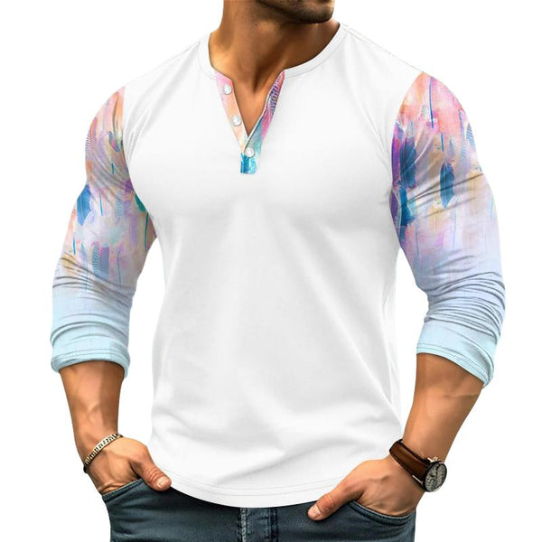 Men's Printed Stitching Henley Collar Long Sleeve T-shirt 93327271Z