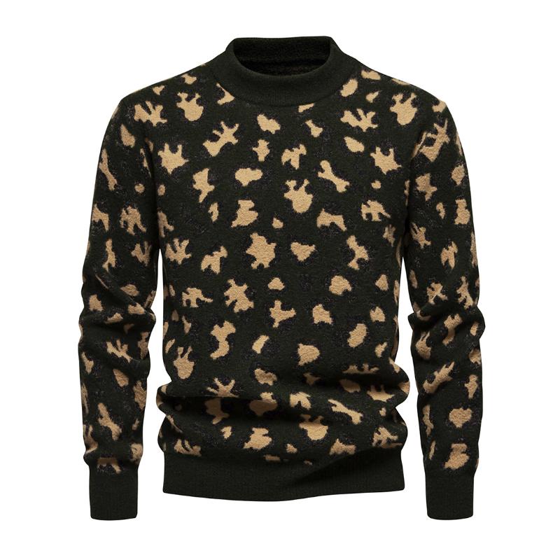 Men's Fashion Stand Collar Leopard Print Slim Fit Pullover Sweater 81270333M