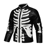 Men's Stylish Contrast Color Skull Embroidered Stand Collar Motorcycle Leather Jacket 86202456M