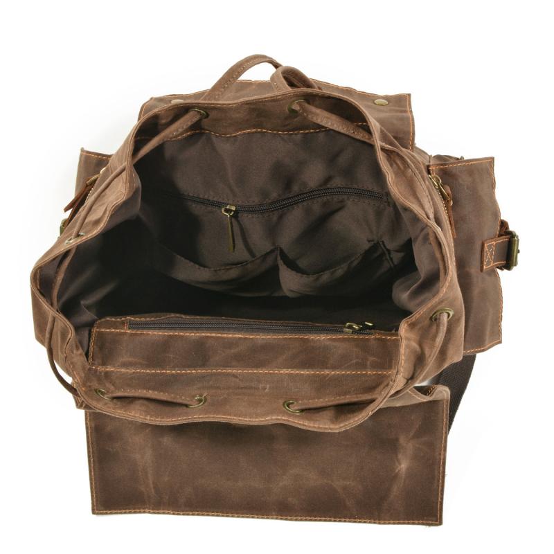 Sac à dos multi-poches en cuir pour homme, style vintage, en toile cirée, pour l'extérieur, 92970713Y