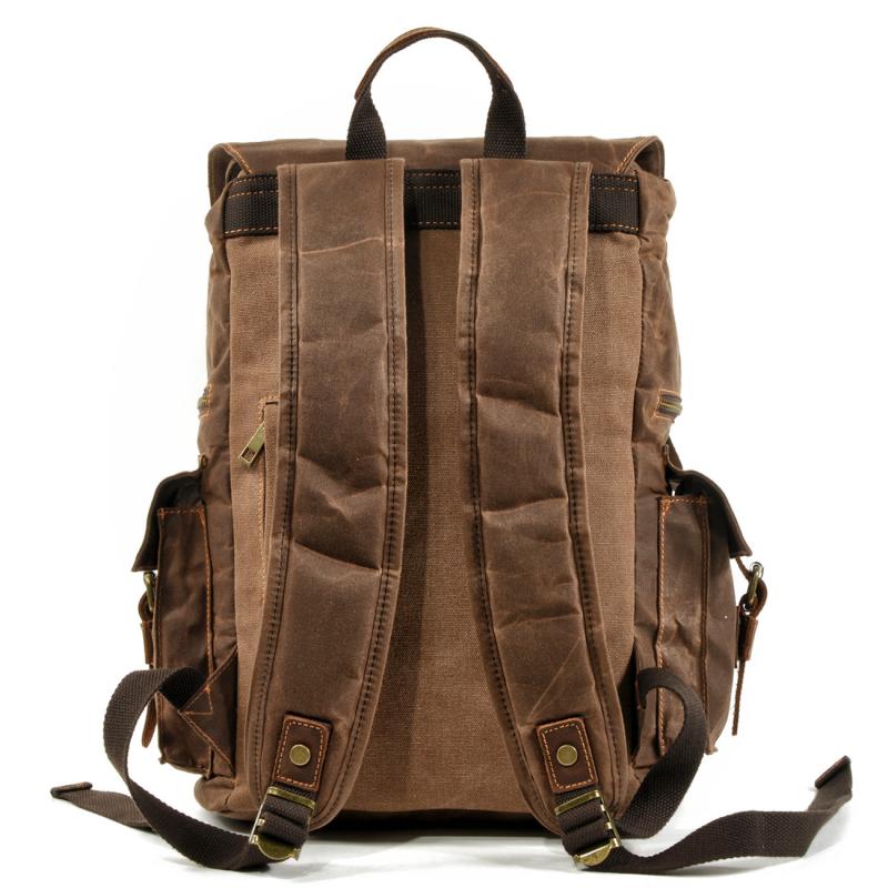 Men's Vintage Beeswax Canvas Outdoor Leather Multi-Pocket Backpack 92970713Y