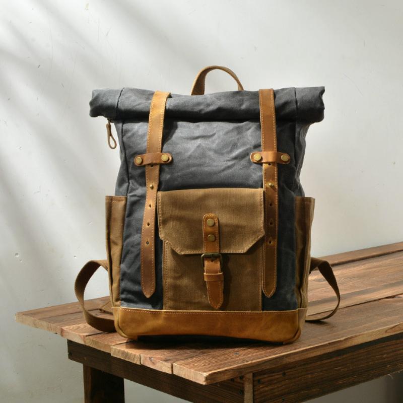 Sac à dos multi-poches en toile imperméable vintage contrastée pour hommes 05291124Y