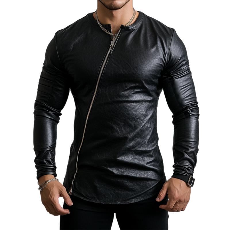 Men's Stylish Round Neck Zippered Placket Slim Fit leather long sleeve T-shirt 69310680K