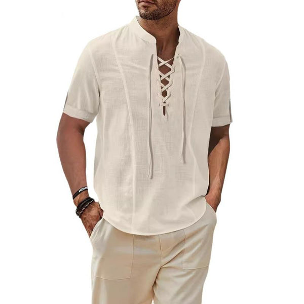 Men's Casual Cotton Linen Stand Collar Lace-up Loose Short-sleeved Shirt 04583620M