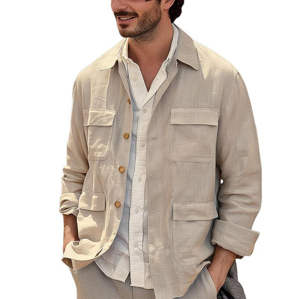 Men's Casual Cotton Linen Lapel Multi-Pocket Single Breasted Jacket 98620751M