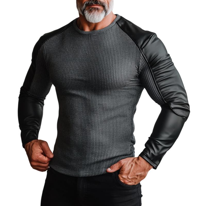 Men's Fashion Leather Stitching Round Neck Slim Fit Long Sleeve T-Shirt 57418868Y