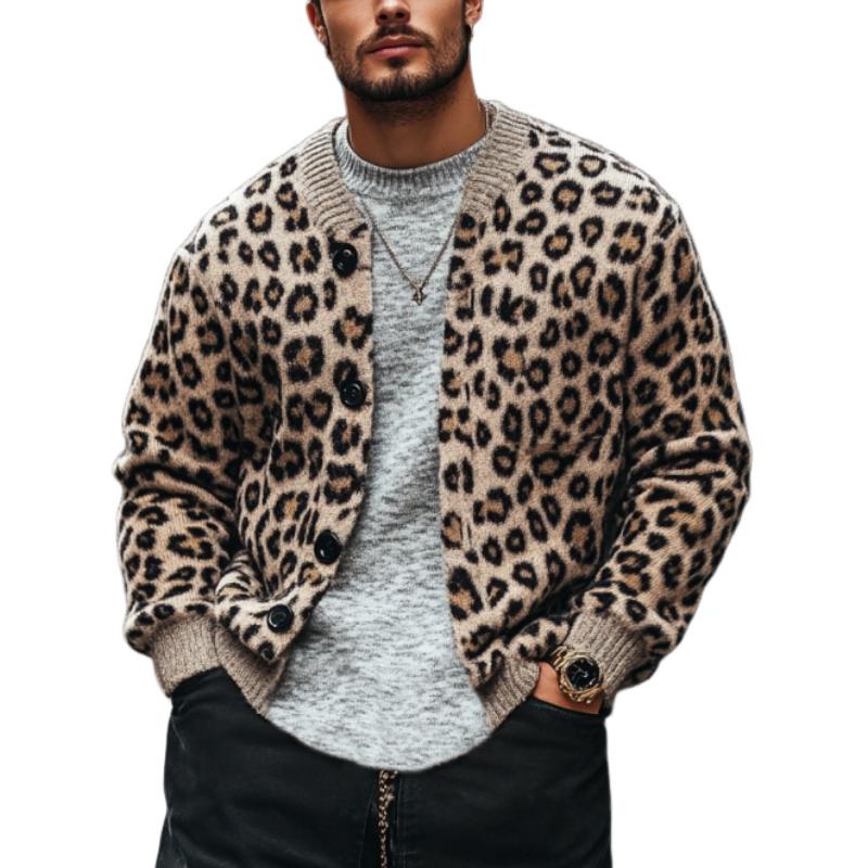 【Envío en 24 horas】Cárdigan de un solo pecho con estampado de leopardo y jacquard de color vintage para hombre 96422693Y