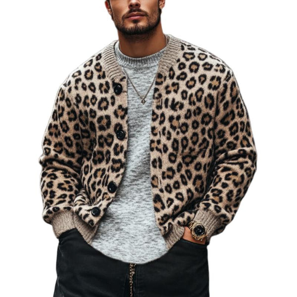 Men's Vintage Leopard Jacquard Colorblock Single Breasted Cardigan 96422693Y