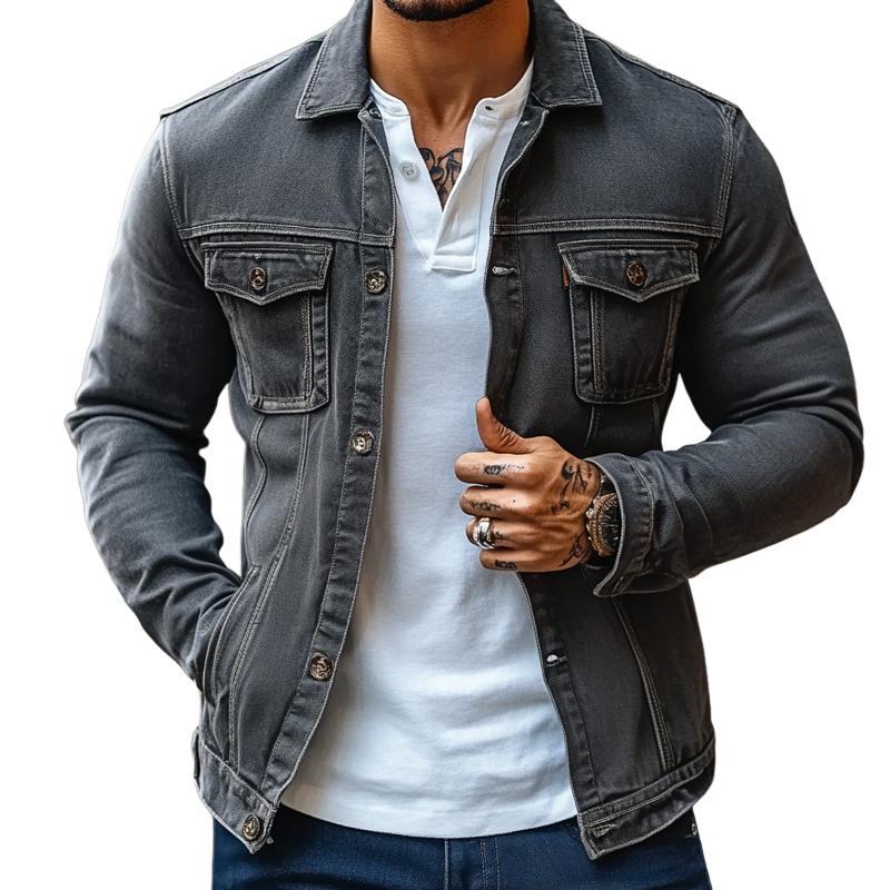 Men's Fashion Lapel Chest Pocket Single Breasted Denim Jacket 81942737Z