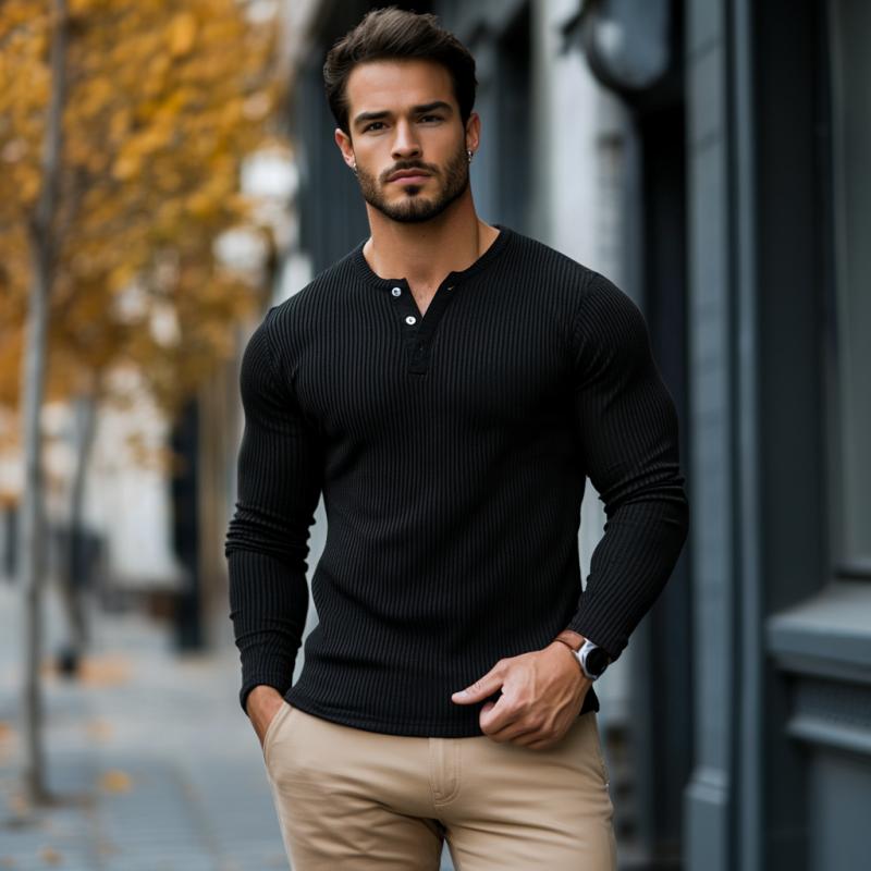 【Envío en 24 horas】Camiseta de manga larga ajustada con cuello Henley y rayas acanaladas informal para hombre 68992413M